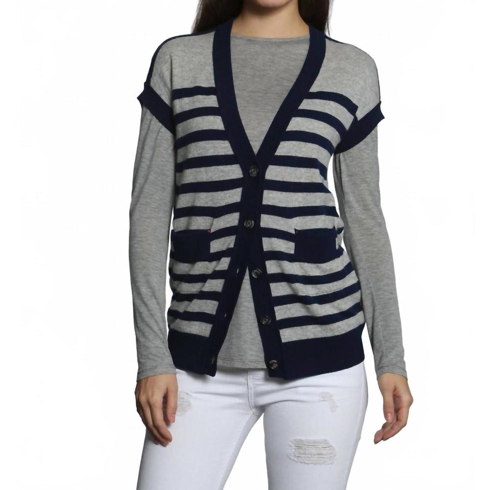 NEW LABEL+THREAD women's luxe striped cardigan in grey/navy
